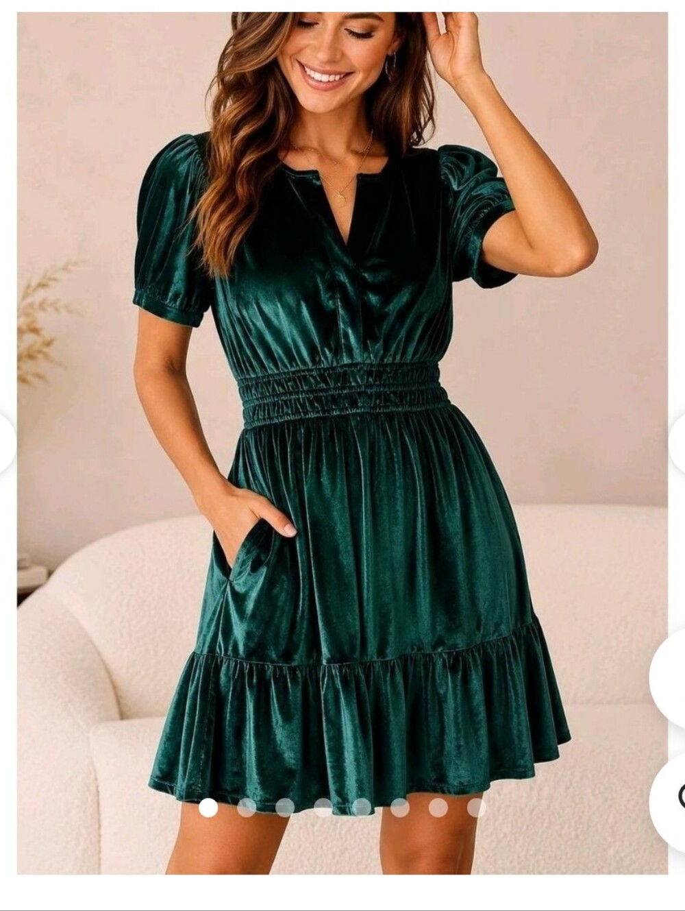 Somerset Style Emerald Velvet Short Sleeve Smocked Waist Dress Sz Small Holiday